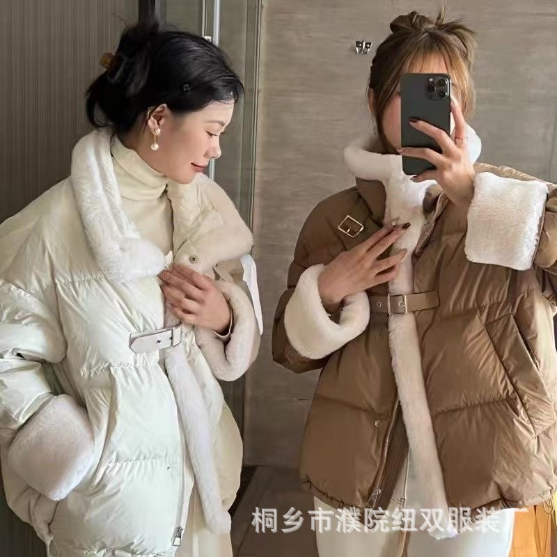 兔毛皮毛一体羽绒服女冬季2023年设计感立领时尚保暖白鸭绒外套潮