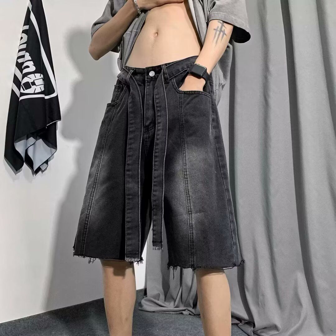 Vintage Distressed Yellow Mud-Dyed Denim Shorts for Men, Summer American High Street Trendy Brand, Stylish Hip-Hop Loose Five-Point Shorts