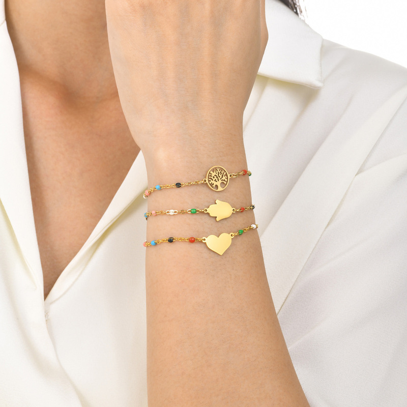 Stainless steel Hand of Fatima life tree heart-shaped color epoxy flat cross chain bracelet BR-1479