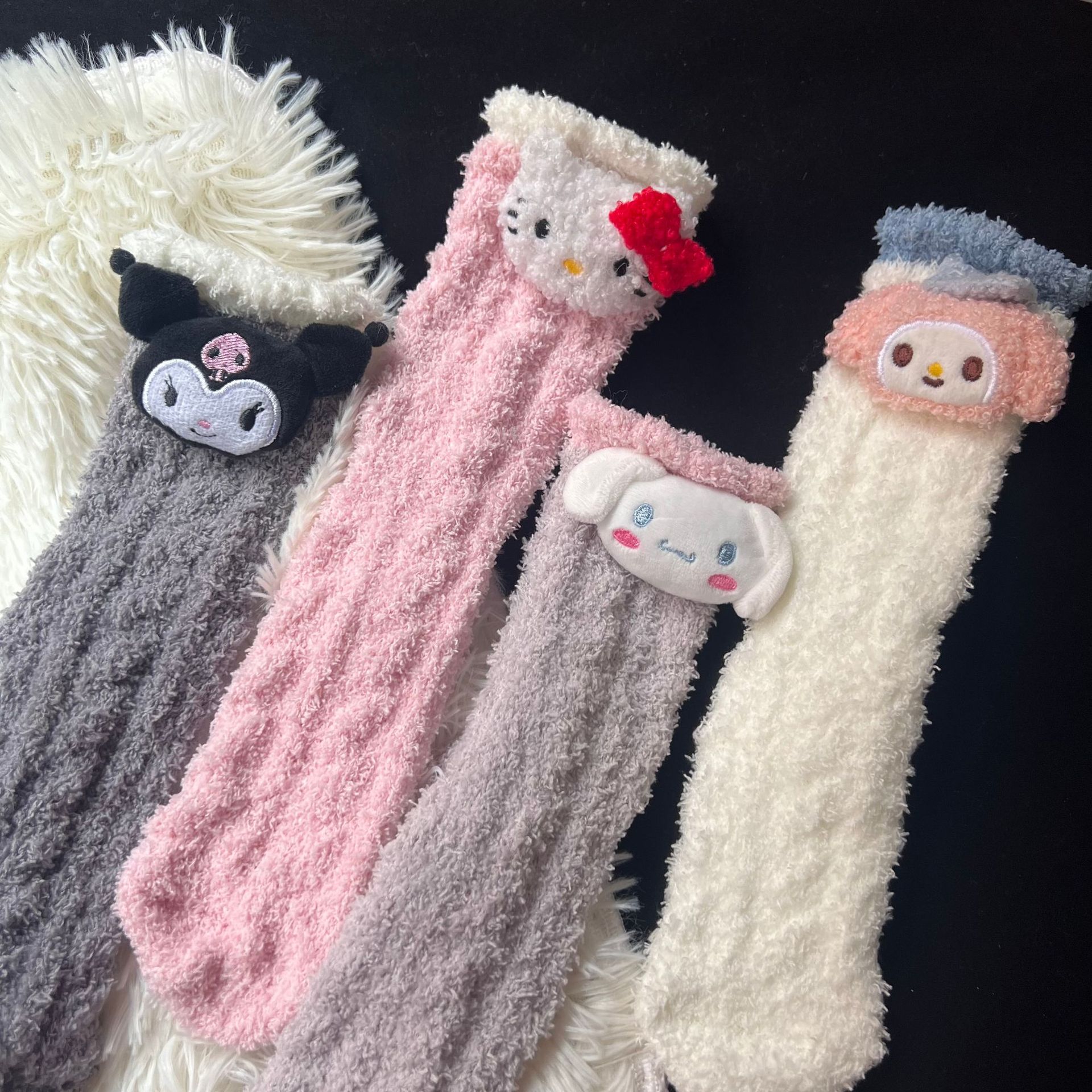 Sanrio Coral Fleece Socks White Lolita Cute Cartoon Cinnamon Dog Sleeping Socks Versatile Autumn and Winter Warm Socks