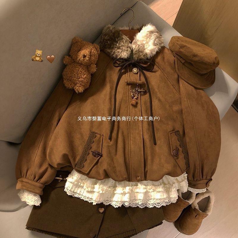 可拆卸毛领棕色夹棉花苞外套女秋冬季小个子宽松加厚保暖棉衣棉服