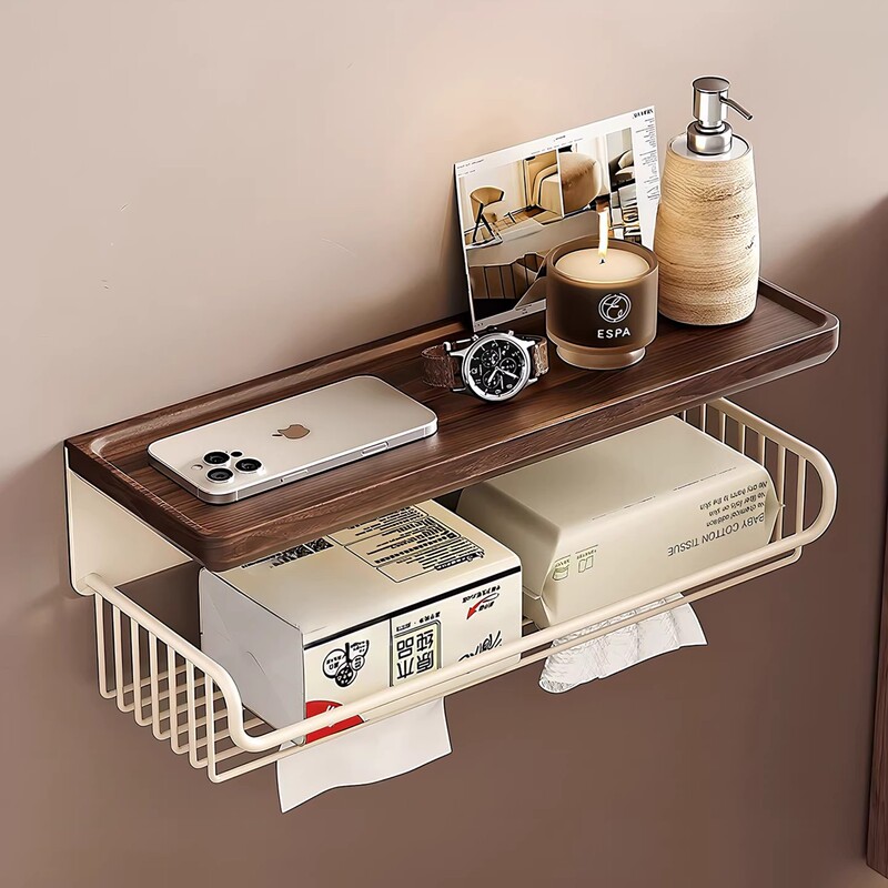 Walnut Wood Bathroom Toilet Paper Holder, No-Drill Bathroom Toilet Tissue and Towel Storage Rack