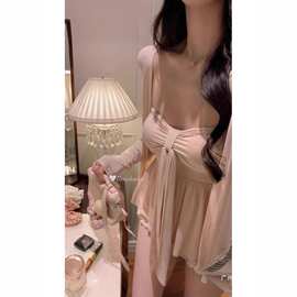 慵懒宽松粉色长袖防晒开衫女夏季套装纯欲飘带抹胸背心上衣两件套