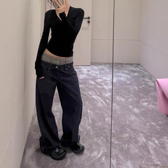 SUNONEONE1设计感拼接腰头直筒牛仔裤女秋季新款丹宁原色休闲裤子
