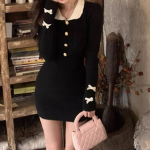 小香风蝴蝶结针织连衣裙内搭女秋冬修身包臀短裙显瘦娃娃领设计感