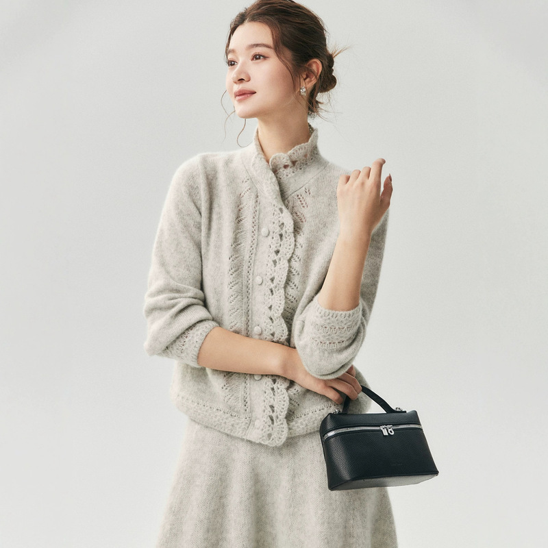 Gentle and luxurious style~75% cashmere 25% mulberry silk soft and smooth knitted cardigan for women with a high collar and lace detailing