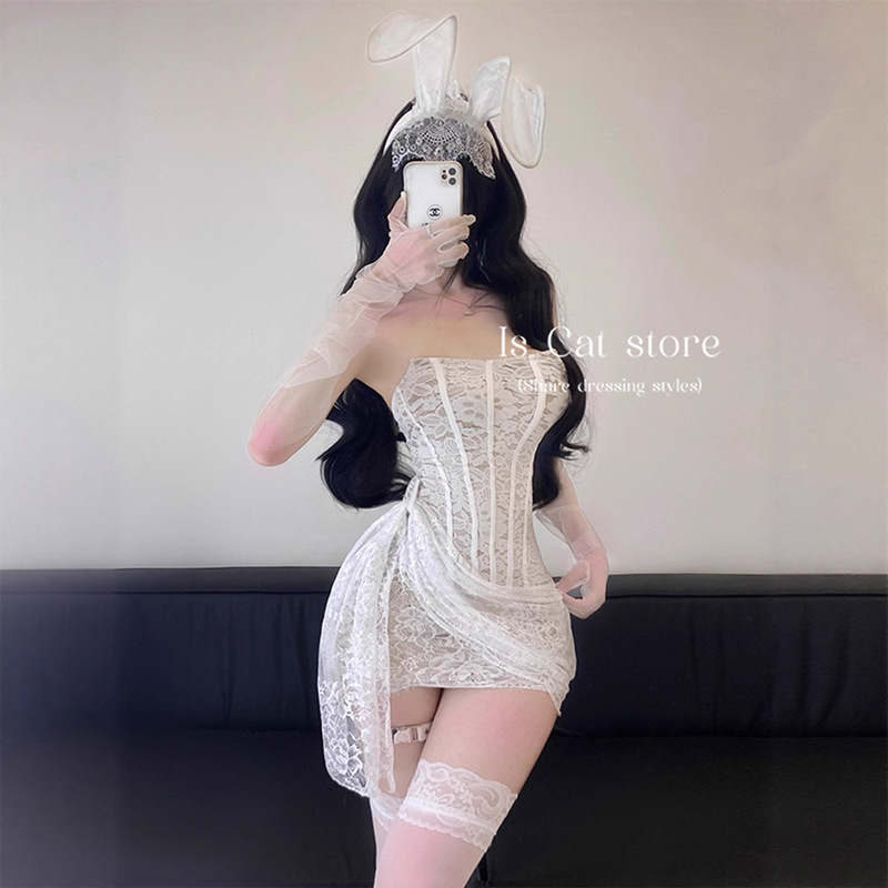 Sexy Lace Pattern Strap Slim Mesh Tube Top Dress with Hip-Hugging Short Skirt