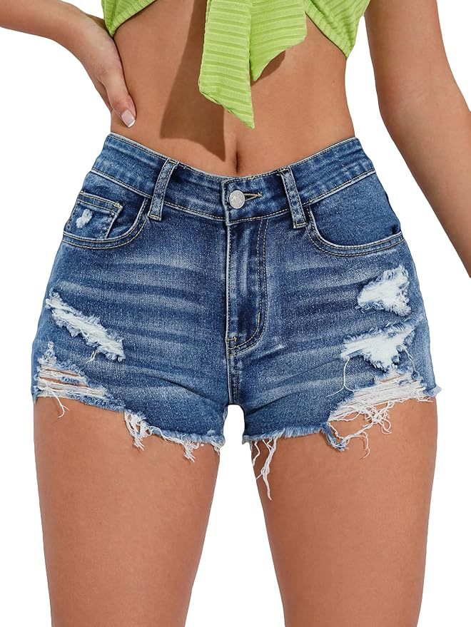 Washed denim shorts voor dames elastische broek voor casual stijl_voghion.com