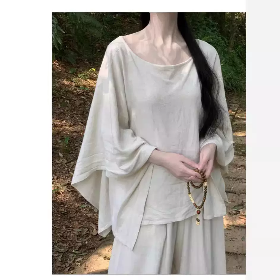 【亚麻.闲云】米麻色极简不规则上衣配阔腿裤