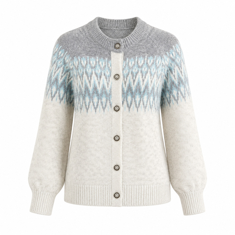 Nordic round-neck color-block geometric knit cardigan for women, Amazon loose-fitting Fair Isle travel jacket Nordic round-neck color-block geometric knit cardigan for women, Amazon loose-fitting Fair Isle travel jacket