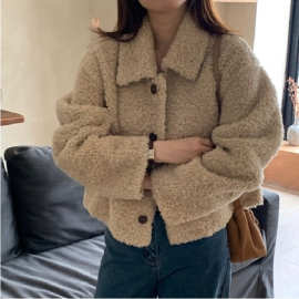 双面绒秋冬季外套女新款翻领单排扣宽松百搭短款加绒加厚外搭