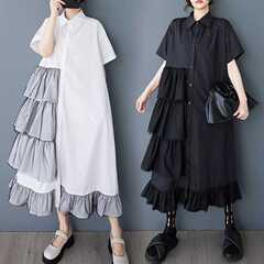 実写2025夏服の新型ワンピースファッションネット糸は色のハスの葉の縁にぶつかってゆったりしている中の長いシャツのスカートをつなぎ合わせます。