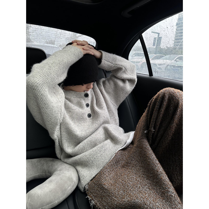 Men's Oversized Henley Knit Sweater – Soft & Breathable Pullover For Fall/Winter (M-XXXL, Light Gray)​_voghion.com