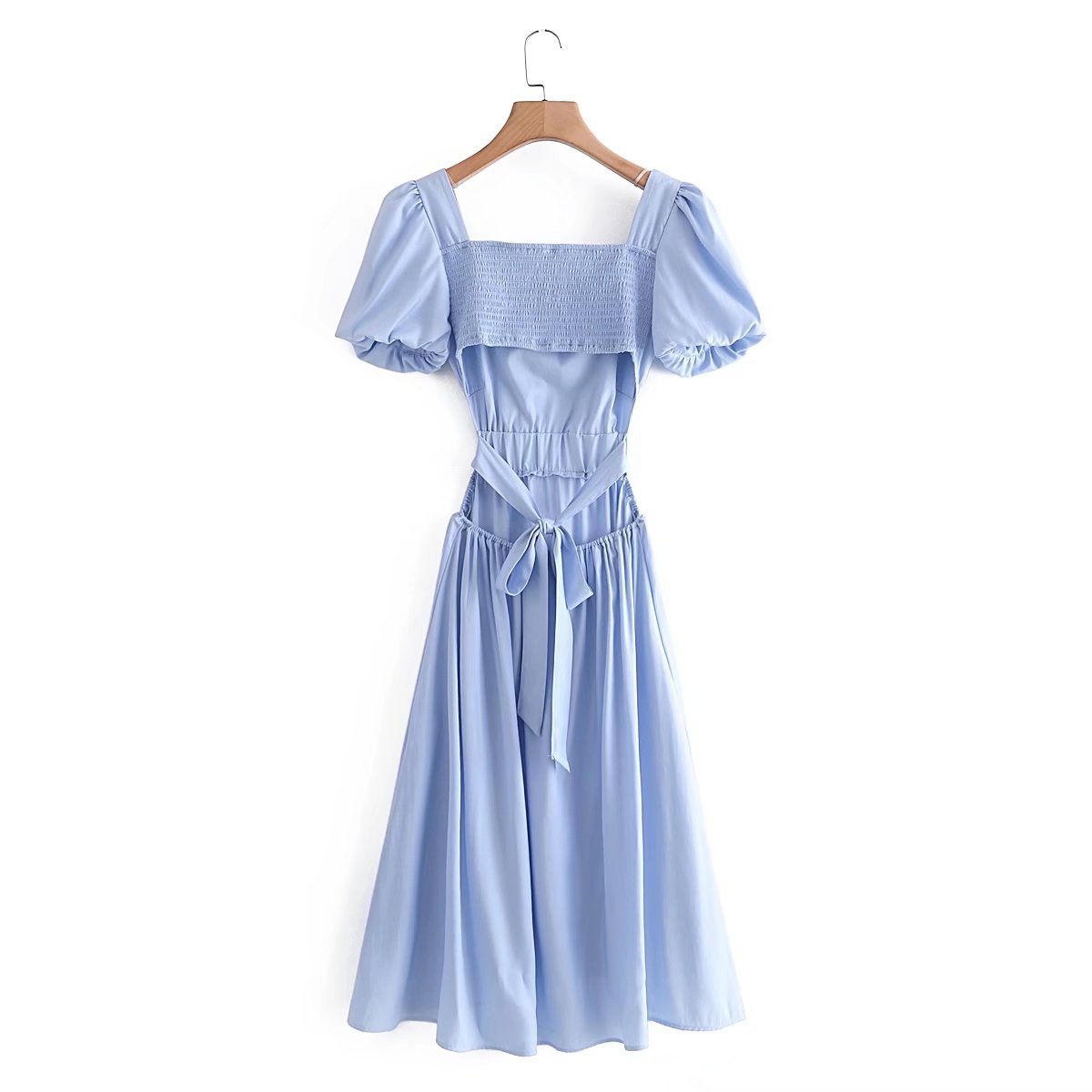 blue square neck lantern short-sleeved backless elastic waist-girding long dress  NSAM123248