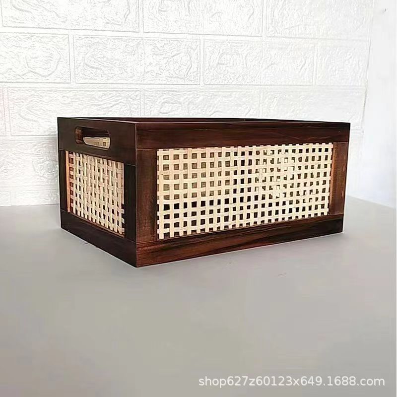 Cesta de almacenamiento de bambú hecha a mano retro de estilo japonés, caja de almacenamiento de escritorio, hogar, sala de estar, libro, bocadillos, marco de almacenamiento de artículos diversos