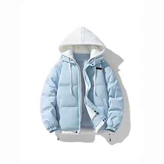 冬季连帽棉服男款加厚保暖短款面包服宽松休闲情侣外套纯色棉衣