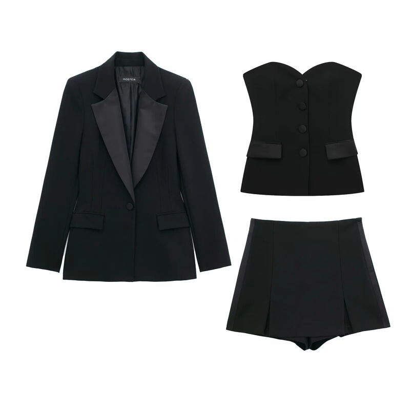 European and American style spring new silk satin texture stitching suit jacket split stitching skirt tight chest top suit