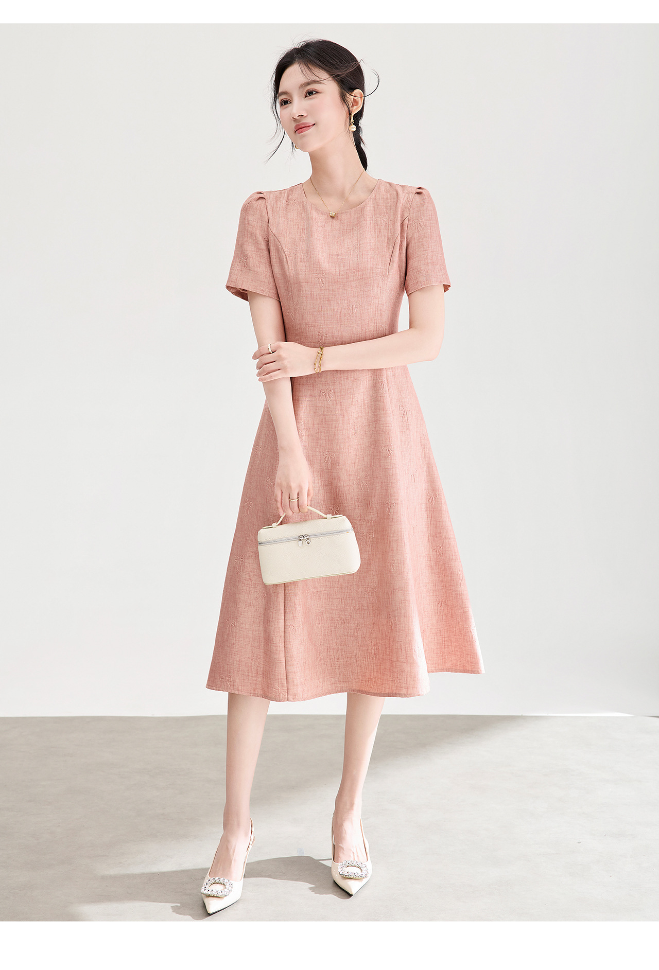 Đầm chữ A nữ cao eo họa tiết jacquard nơ — màu hồng chi tiết 13
