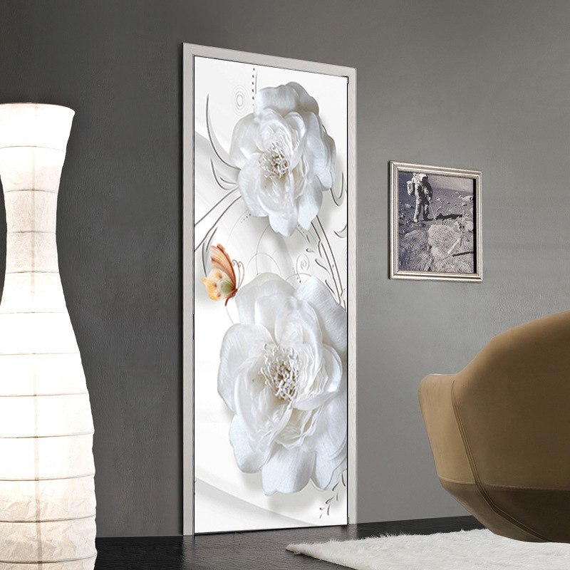 3d väggdekor vit pion för sovrumsdörr_voghion.com