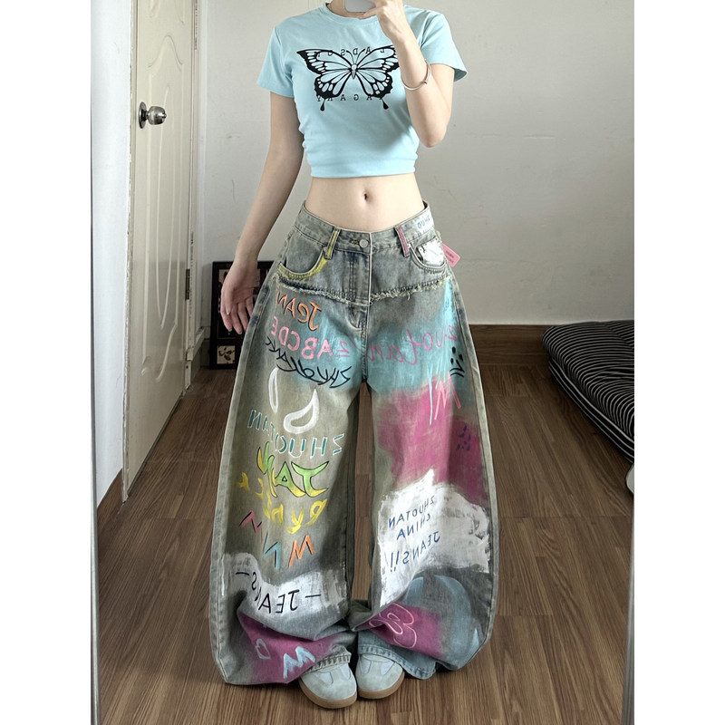 Colorful Graffiti Hand-painted Scythe Jeans for Women, 2026 Autumn New Loose Slimming Versatile Wide-leg Pants