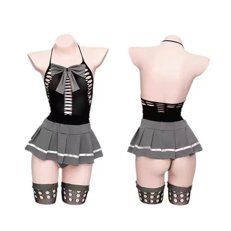 Mesh Student-Style Role-Play Lingerie Set with Matching Stockings, Polyester Patchwork Dress — detail image 6