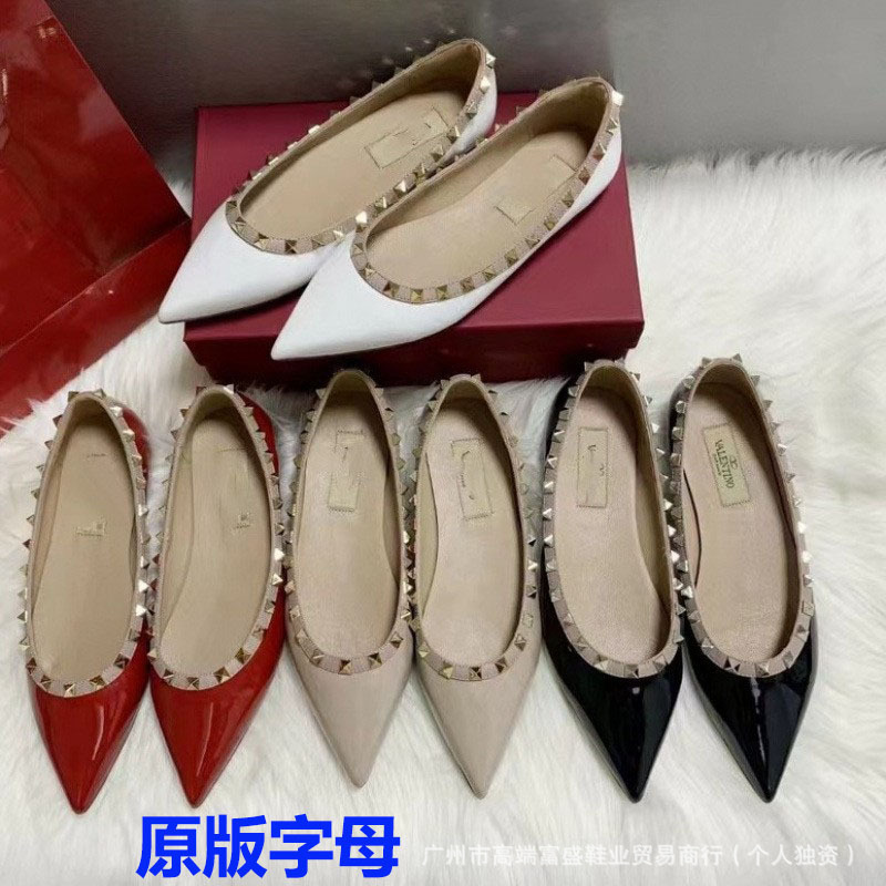 Spring High Version French Genuine Leather V-Brand Women's Shoes with Studs, Pointed Toe, Flat Single Shoes, Women's Shallow Wedding Shoes, Fairy Style Spring High Version French Genuine Leather V-Brand Women's Shoes with Studs, Pointed Toe, Flat Single Shoes, Women's Shallow Wedding Shoes, Fairy Style