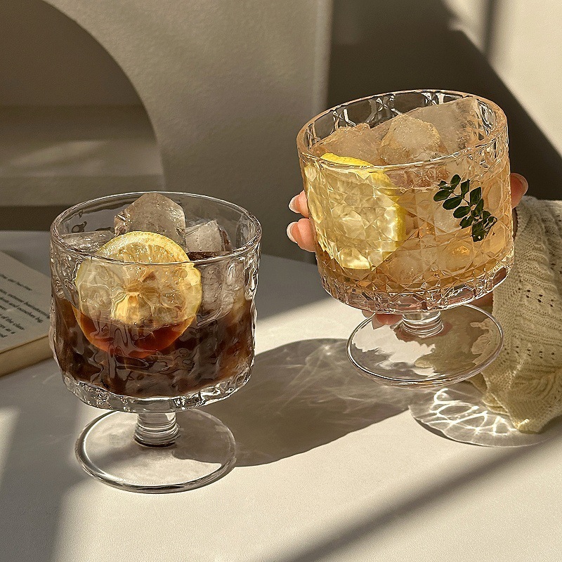 Retro Sunflower Embossed Glass Household High-Looking Tall Ice Cream Dessert Cup Coffee Juice Wine Cup