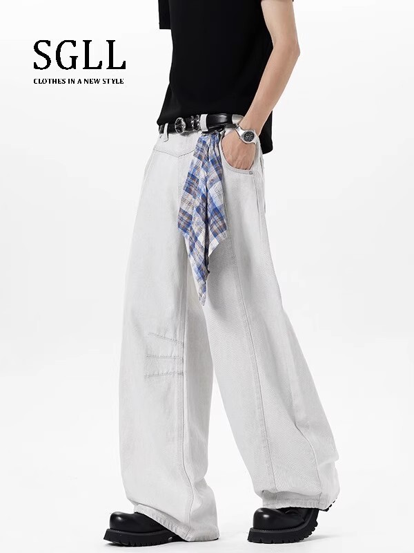 American-Style White Scimitar Jeans for Men and Women with Unique Zipper Detachable Square Scarf Design, Drapey Sickle Loose Wide-Leg Pants