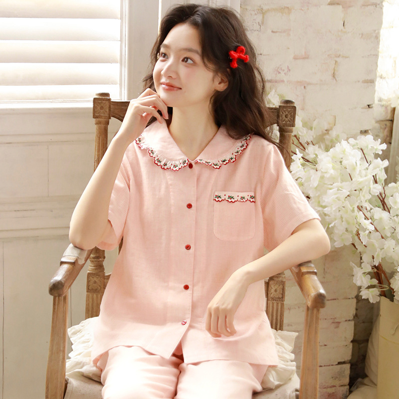 Summer Pajamas for Women, Pure Cotton Gauze, Sweet High-Quality Embroidery, Ladies' Doll Collar, Can Be Worn Outside, Short-Sleeve and Long-Pants Set 69
