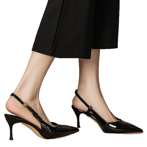 Ladies' High Heels 2025 Metal Thin Heel Pointed Toe One Strap Mature Red Lacquered Leather Cap Toe Sandals