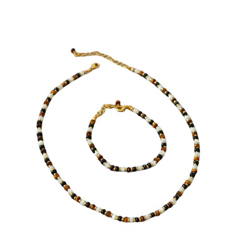 Murdered Western and European Blogger Style Tiger Eye Mother of Pearl and Black Onyx Bead Chain Necklace Clasp Chain Elegant Retro