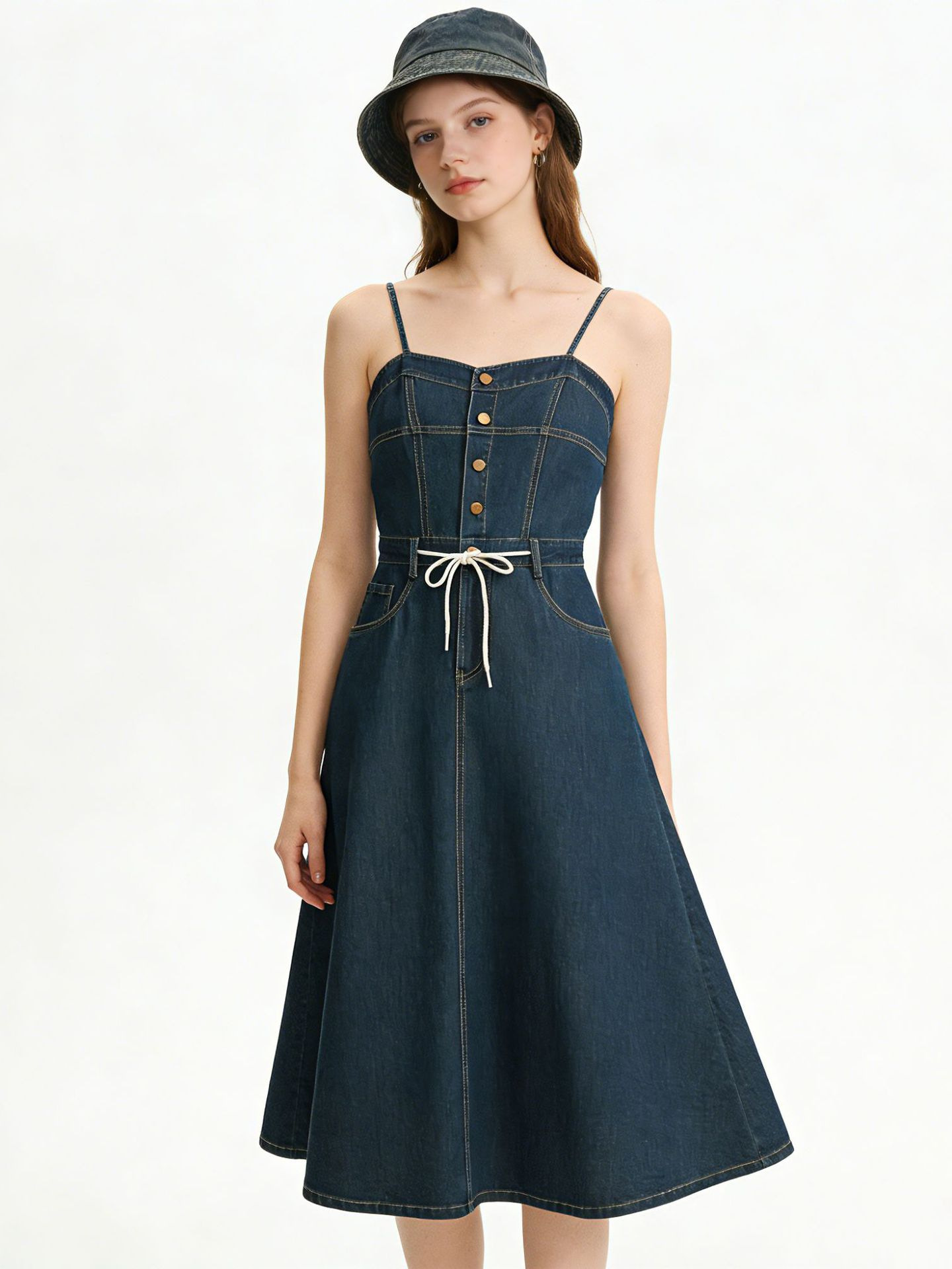 Đầm maxi nữ denim phong cách vintage thiết kế dây đeo thắt eo — xanh lam