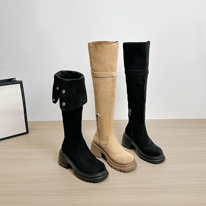 2024 New Style Boots Short Boots Suede Over-the-Knee Boots Women's Thick Bottom Elastic Widened fleece-lined Boots