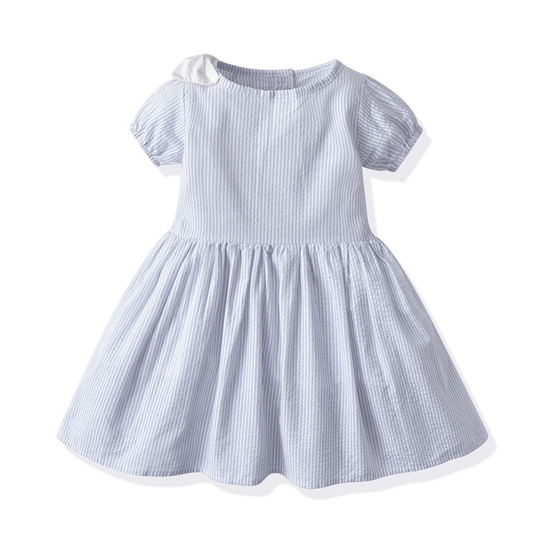 Verano de manga corta rayas de color caramelo vestido de niña sombrero de paja set de algodón de moda coreano vestido de color sólido