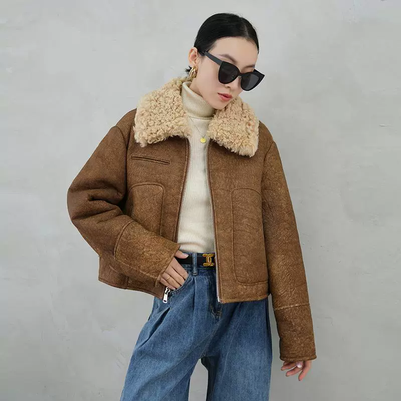 Пальто из ягнёнка One Merid Retro Fur Skin - короткая меховая куртка фиолетового цвета с эффектом стирки, женская зимняя взрывная модель 2024 года