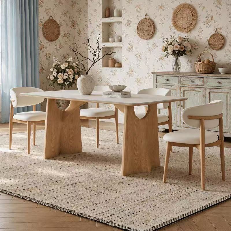Slate Dining Table Japanese-Style Cream-Colored Solid Wood Slate Dining Table Home Dining Room Rectangular Simple Dining Table