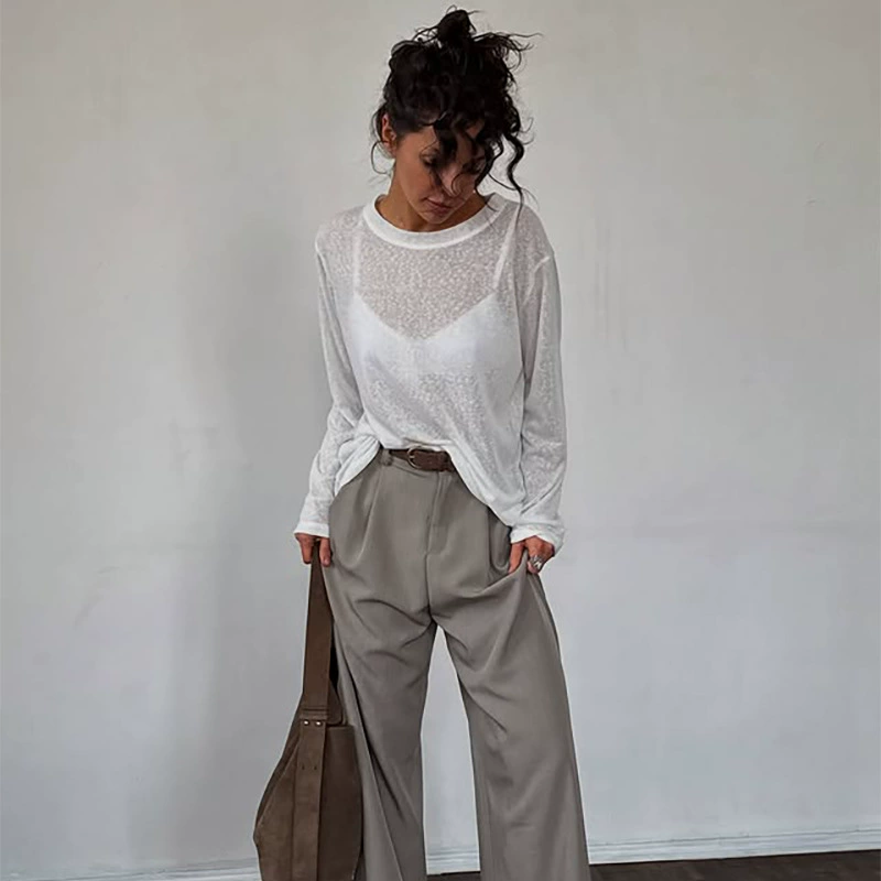 Long-sleeve white summer top, thin semi-sheer oversize style