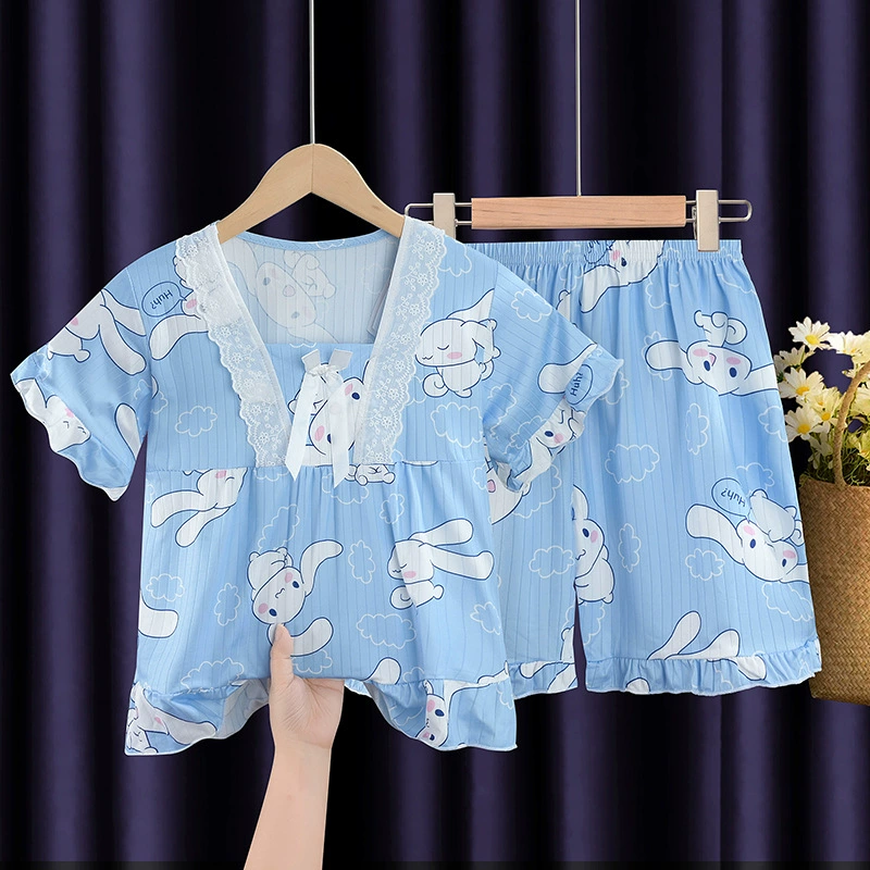 Children's summer cartoon thin pijama, set girl's, with short sleeve, for teenagers