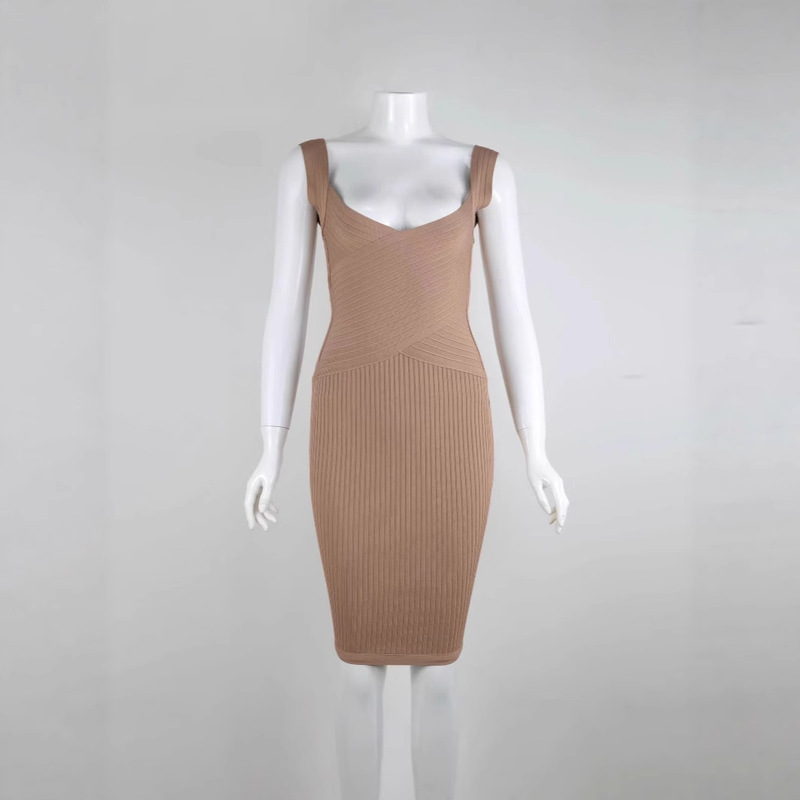 Foreign Trade European and American Style Sleeveless Bandage Bottoming V Neck Dress Women's Slimming Look Mid-Length Hip-Hugging Skirt