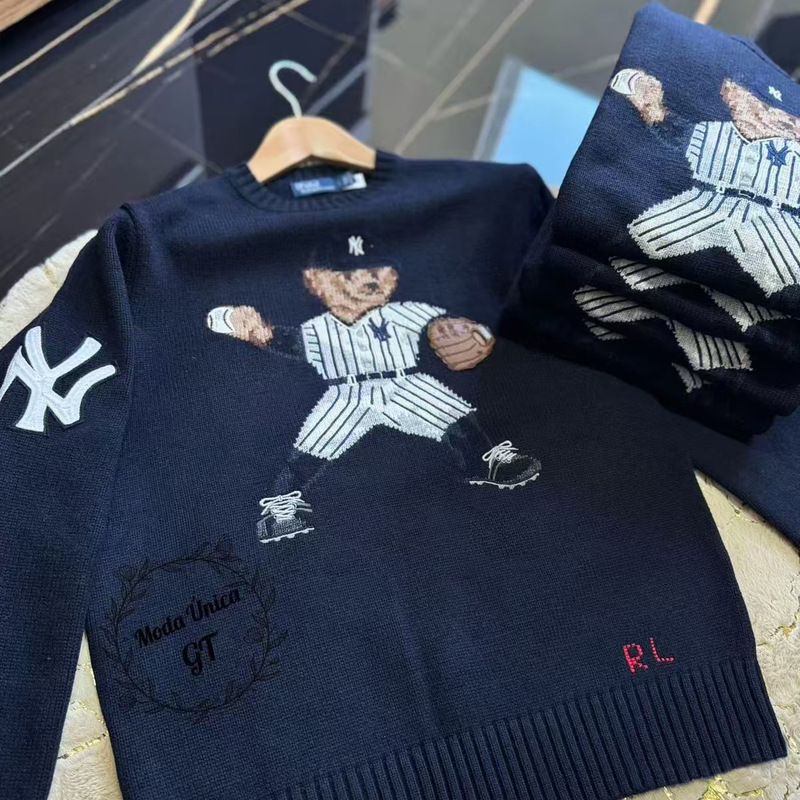 2025 New Collaboration Autumn/Winter Rl Heavy-Duty Wool Cashmere Cartoon Baseball Bear Crew Neck College Style Age-Reducing Sweater 2025 New Collaboration Autumn/Winter Rl Heavy-Duty Wool Cashmere Cartoon Baseball Bear Crew Neck College Style Age-Reducing Sweater