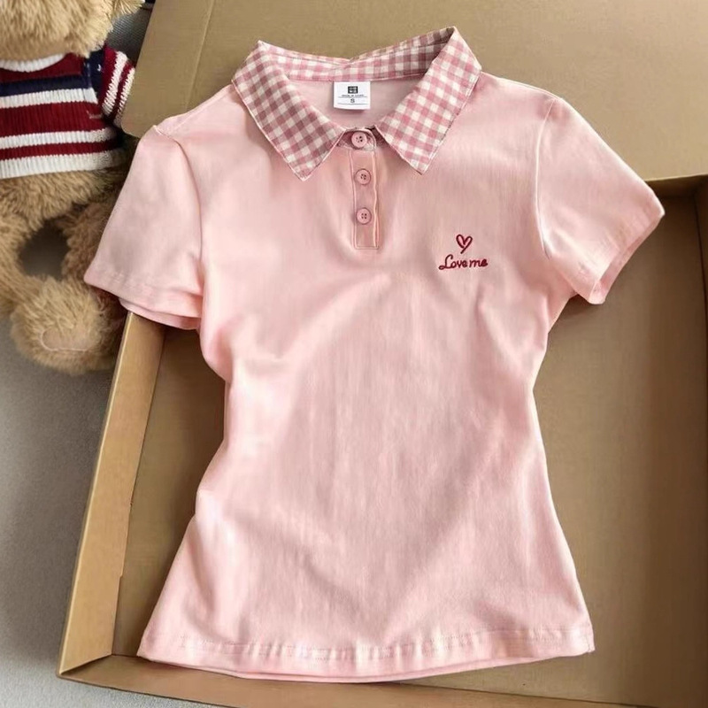 Korean Sweet Pink Polo Collar Short-Sleeved T-Shirt for Women Summer New Plaid Splicing Design Right Shoulder Top