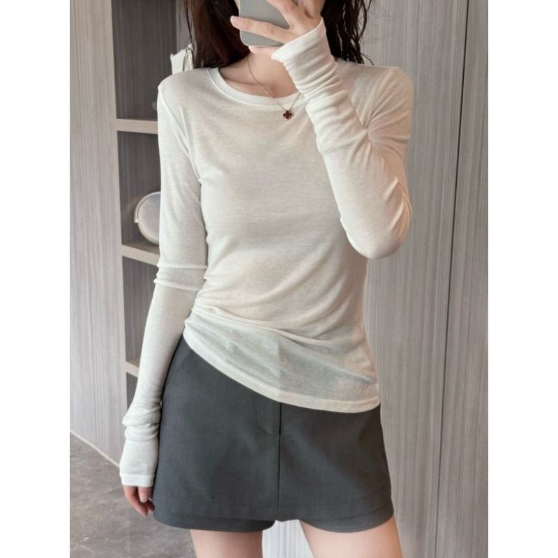 2026 Summer White Slightly See-Through Sun-Protective Long-Sleeve T-Shirt for Women, Unique and Beautiful Sheer Top 2026 Summer White Slightly See-Through Sun-Protective Long-Sleeve T-Shirt for Women, Unique and Beautiful Sheer Top