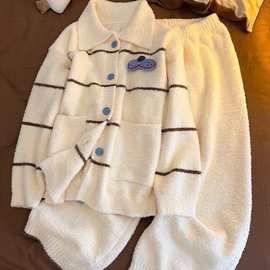 韩系可爱酷猫慵懒风针织半边绒睡衣女冬季套装保暖家居服可外穿潮