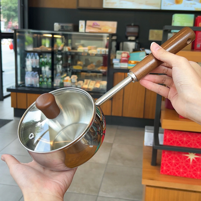 316 acero inoxidable casera de nuez mango largo anti-calor mini olla de leche de aceite caliente pequeña olla de aceite de riego