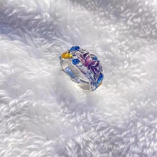 Ancient French ethnic style retro enamel oil craft white temperament lotus silver-plated ring classical literary index ring