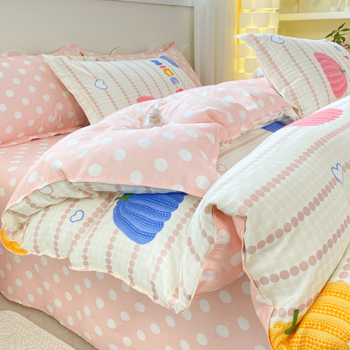 Aloe Vera Cotton Children's Cartoon Four-Piece Set, Fleece Cute Bed Sheet with 4 Pillowcases, Student Dorm Three-Piece Set for Boys and Girls