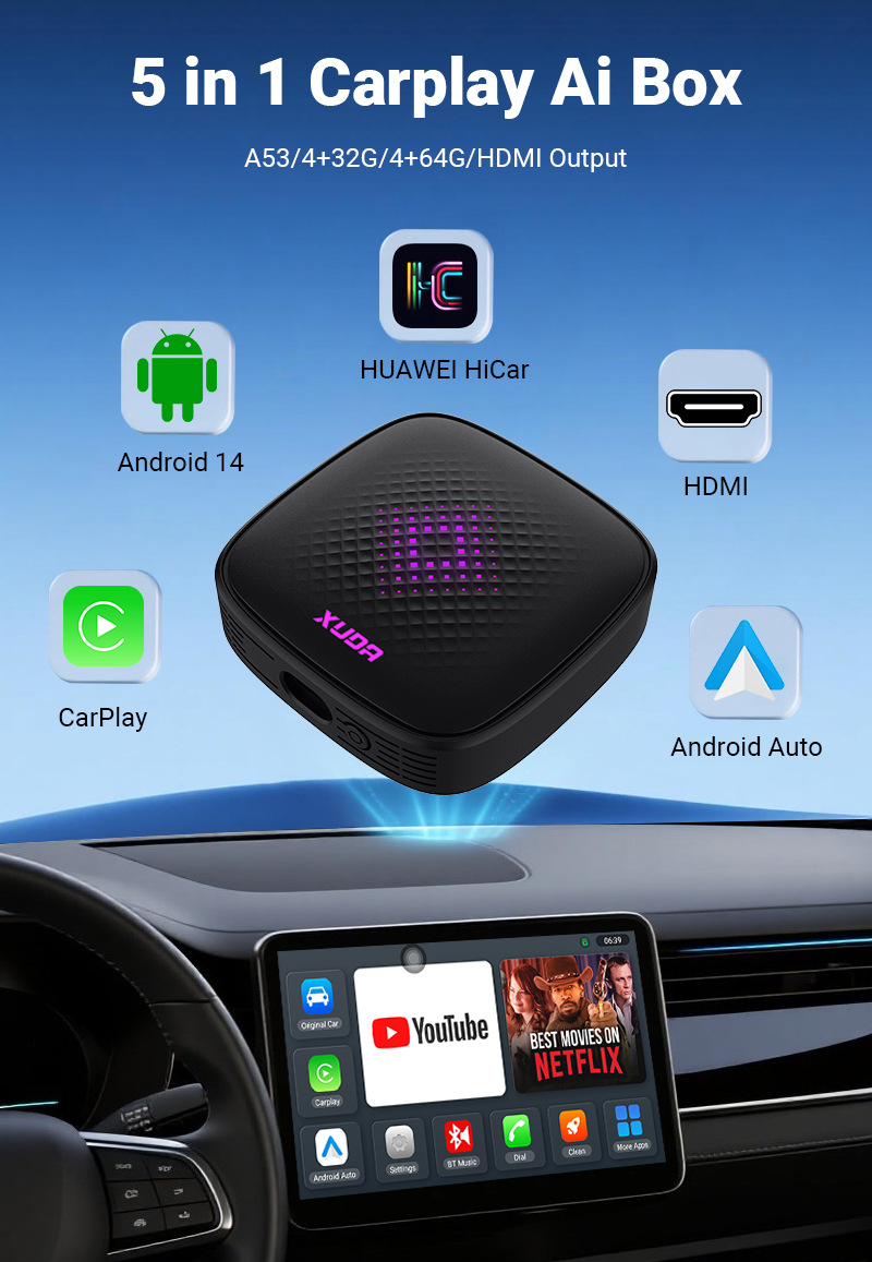 Xuda Car 5-in-1 Apple Carplay Adapter Wired to Wireless HDMI Output Car-Machine Interconnection Box