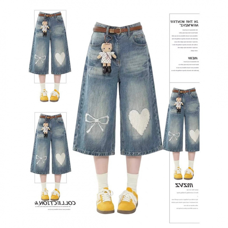American Retro Distressed Heart Bow Contrast Color Cropped Pants for Men and Women, 2026 Summer Slimming Wide-Leg Shorts Trendy American Retro Distressed Heart Bow Contrast Color Cropped Pants for Men and Women, 2026 Summer Slimming Wide-Leg Shorts Trendy