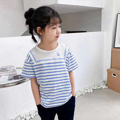小船锚~22027梨蜜 条纹T恤 夏款女童短袖 中大童|ms