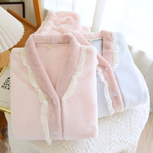 新款法兰绒睡衣女秋冬长袖v领加厚加绒保暖珊瑚绒家居服一件代发